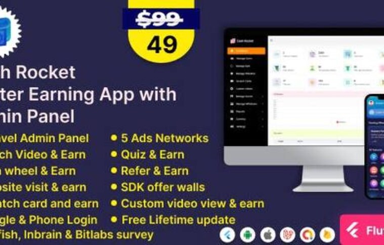 Cash Rocket v5.1 – Flutter Online Earning App with Admin Panel App Source